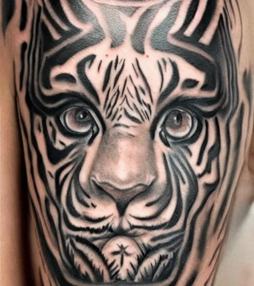 Image similar to tattoo design of a beautiful girl warrior under a tiger head, hyper realistic, realism tattoo, by eliot kohek, beautiful eyes, realistic face, black and white, white background