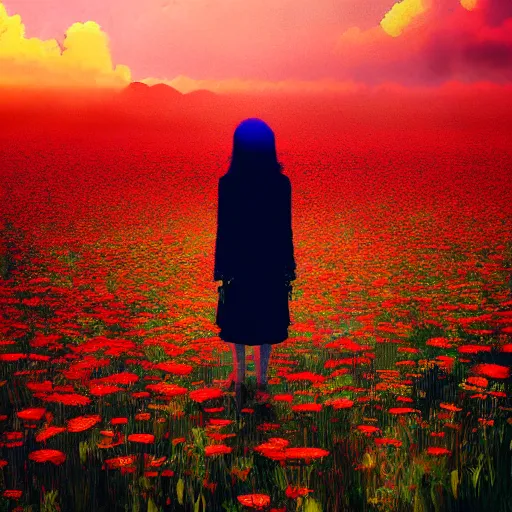 Image similar to woman with a flower face, standing in flower field, surreal photography, manipulation, sunrise, impressionist painting, colorful clouds, artstation, dali, simon stalenhag