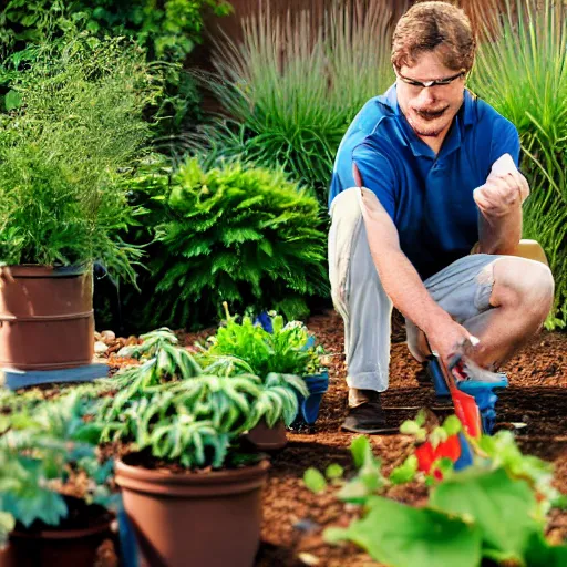 Image similar to a realistic photograph of Crazetopher David Blazing III watering his plants at the Golden hour for home and gardens magazine