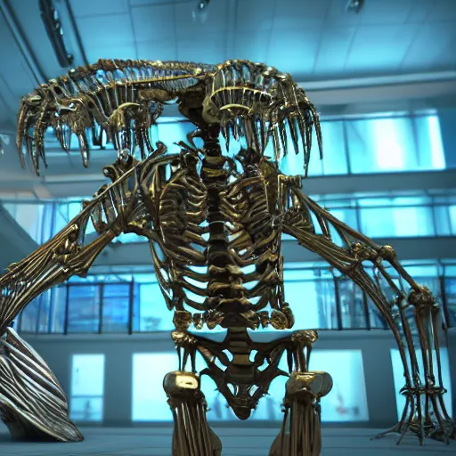 Image similar to the intricate skeleton of a megatherium made of iridiscent gold by a famous jeweler in a futuristic museum, unreal engine 5