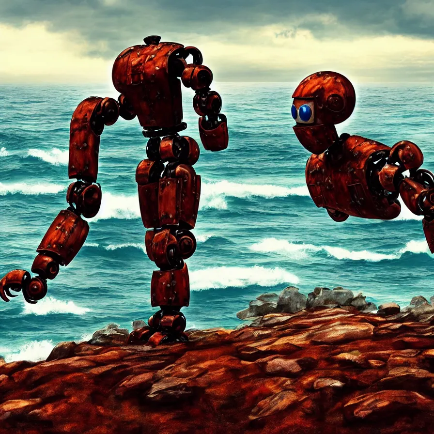 Image similar to a very large rusting humanoid robot is sitting against some rocks on a deserted beach. ocean in the background. it's nighttime and the sky is cloudy. paining, futurism, detailed, illustrated,