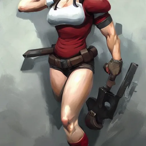 Image similar to portrait of a beautiful muscular tifa lockhart with plump lips in team fortress 2 style, tragic, military art, concept art, fantasy, hd shot, digital portrait, beautiful, artstation, comic style, by artgerm, guy denning, jakub rozalski, magali villeneuve and charlie bowater