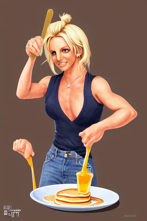 Image similar to britney spears making pancakes, animation pixar style, by pendleton ward, magali villeneuve, artgerm, rob rey and kentaro miura style, golden ratio, trending on art station