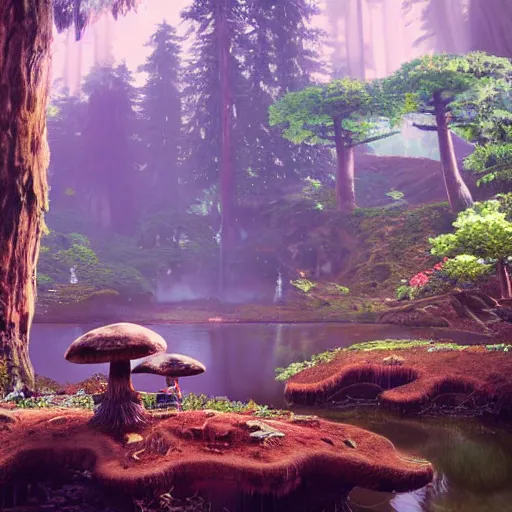 Image similar to Huge redwood tree village, mushrooms, flowers growing, pond, river, waterfalls, by Miyazaki Nausicaa Ghibli, breath of the wild style, epic composition Trending on Artstation, octane render, Insanely Detailed, 8k, HD