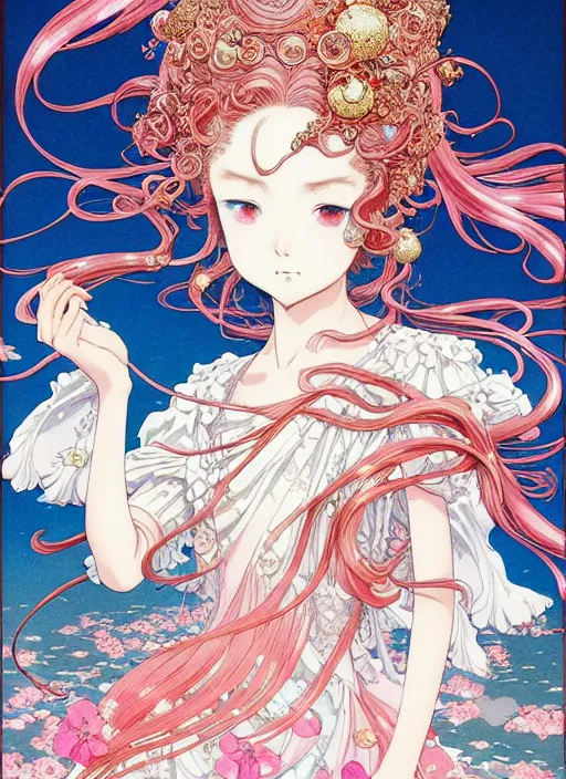 Image similar to exquisite imaginative manga poster of a fairy princess, long wavy hair, rococo ruffles dress, shimmering, by takato yamamoto, ayami kojima, shigenori soejima, minaba hideo, katsuhiro otomo, jump comics, illustration, artstation, highly detailed, 8 k, fluorescent, fluorescent, maximalist