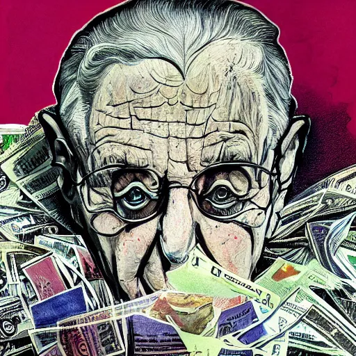 Image similar to George Soros full body shot, dollar bills Body horror, biopunk, by Ralph Steadman, Francis Bacon, Hunter S Thompson