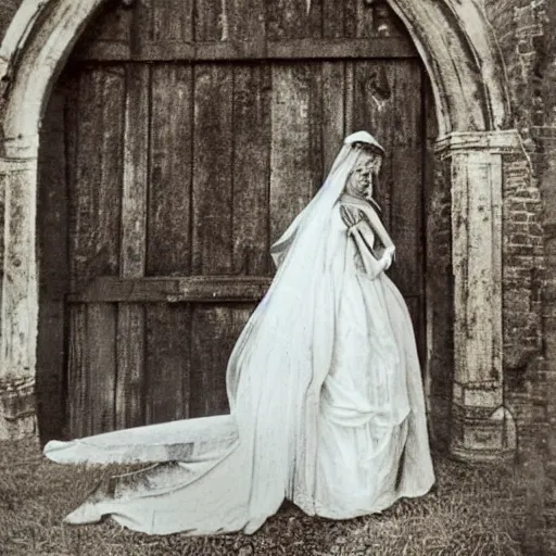 Image similar to picture of ghostly bride in front of an old wooden white church, 1 9 th century southern gothic scene, made by chausheva, katia