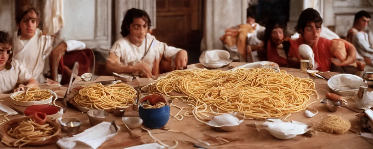 Prompt: the ancient greeks using spaghetti in geometry, canon 5 0 mm, wes anderson film, kodachrome