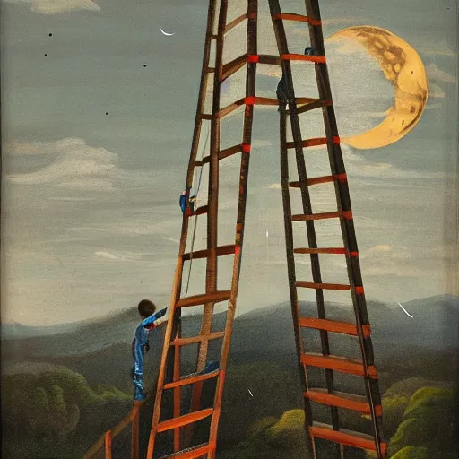 Image similar to a 1500's painting of people climbing a ladder to the moon