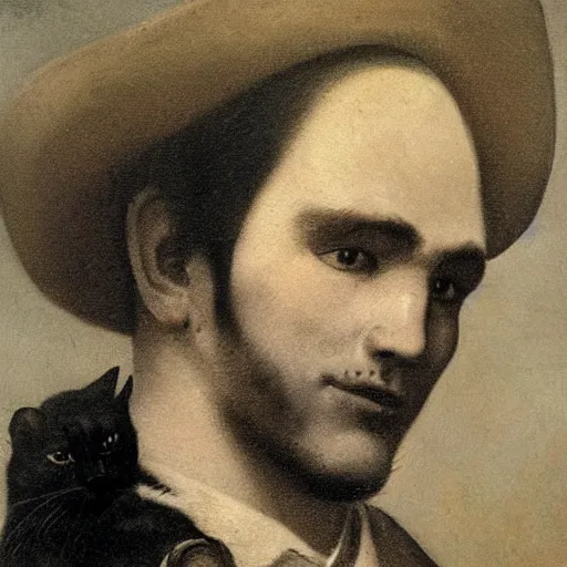 Image similar to close - up portrait of a cowboy holding a cat, 1 8 0 0 s