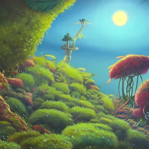 Image similar to a beautiful alien planet with plants and animals. Oil painting in the style of Miyazaki.