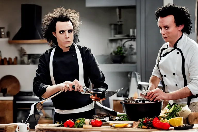 Image similar to cooking with edward scissorhands, cooking show, television, 4k