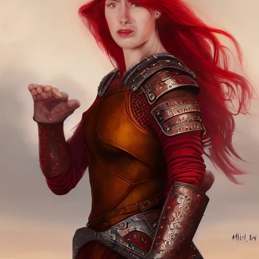 Prompt: portrait of a beautiful young women with red hair and freckles, slight smile, renaissance colorful dress, leather armor, digital painting by Michael Whelan, dnd illustration, trending on Artstation, sfw