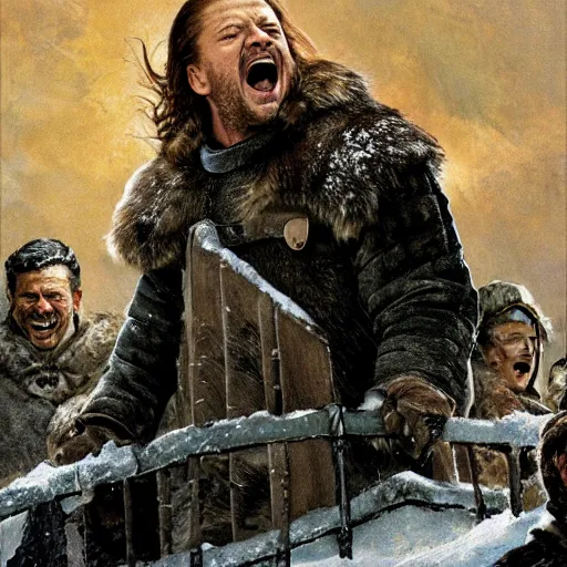 Prompt: ned stark screaming in winterfell by norman rockwell