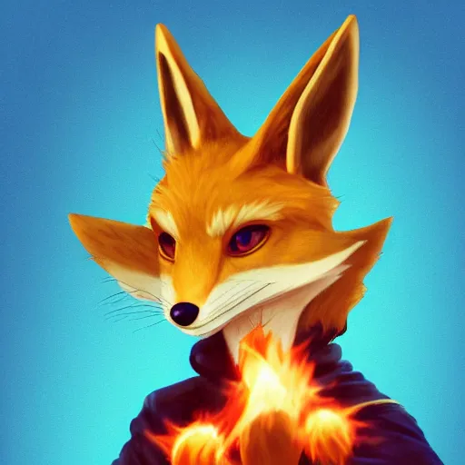 Prompt: An anthropomorphic fennec character from the furry fandom wearing a blue sweatshirt and holding fireballs in a fighting pose, digital painting, artstation, furry fandom, furaffinity