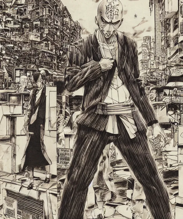 Prompt: A manga cover about a shaved-headed scarred solo yakuza standing on the sidewalk. Sharp high quality manga cover, fine details, straight lines, architecture in the background, masterpiece, art, highly detailed drawing by Hirohiko Araki, Akatsuki Akira, Kentaro Miura