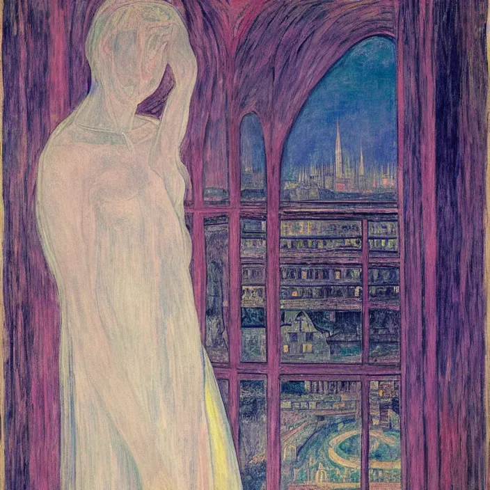 Image similar to woman in transparent vaporous night gown with demonic luminescent white apparition, with city with gothic cathedral seen from a window frame with curtains. night, vivid iridescent psychedelic colors, lamps. fra angelico, munch, egon schiele, henri de toulouse - lautrec, utamaro, monet, agnes pelton