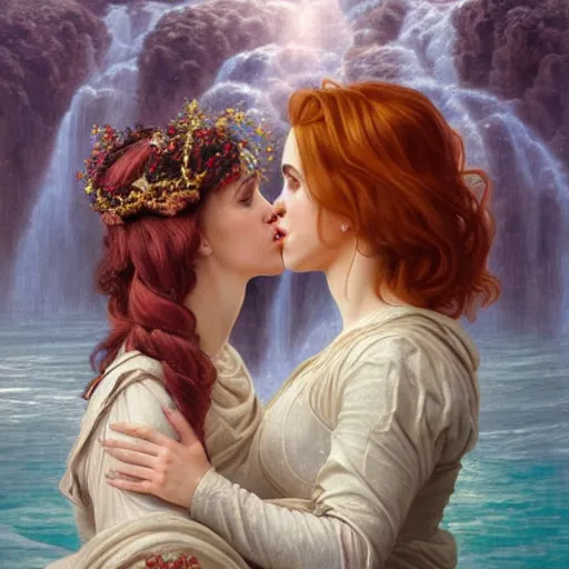 Image similar to a highly detailed byzantine painting of scarlett johansson and emma watson as red haired queens sharing a soft kiss under a waterfall in a gossamer purple dress, epic fantasy, viewed in profile from far away, ultrawide lens, art by artgerm and greg rutkowski and alphonse mucha, volumetric lighting, 4 k resolution, trending on artstation, masterpiece