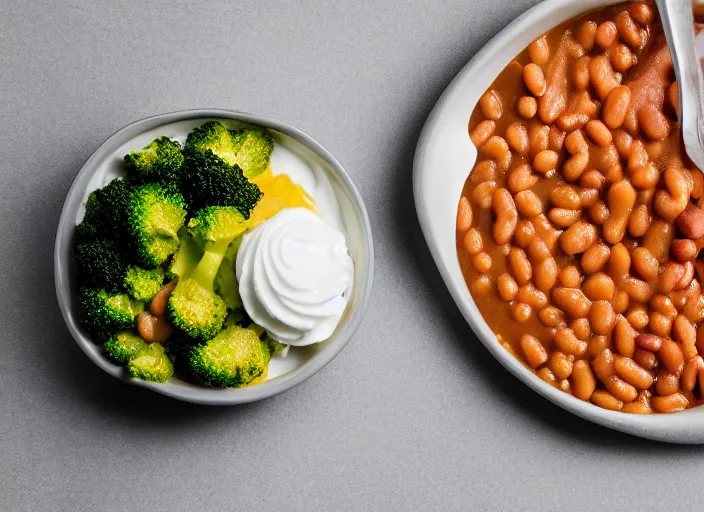 Prompt: food photo still of soft serve swirled frozen yogurt topped with baked beans and broccoli, 8 5 mm f 1. 8 studio lighting