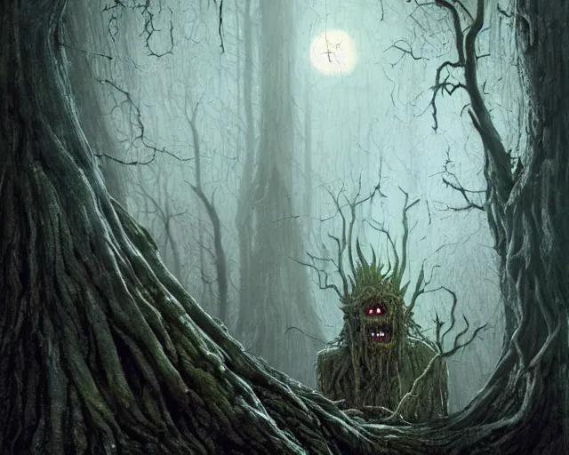 Prompt: a talking oak tree, a face in the bark, eyes in the bark, mouth in the bark, horror fantasy concept art, sharp teeth, digital painting, oil painting, hyperrealistic, treebeard, ent, undead, zombie, monster, moonlight, in the forest, by greg rutkowski by alan lee by artgerm