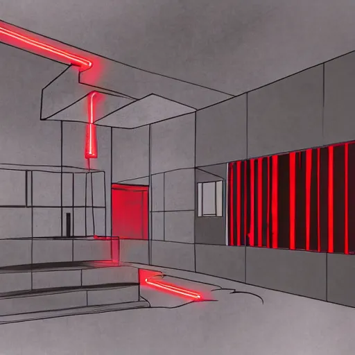 Prompt: the misery engine spools up in a sterile concrete observation room, a red smoke is pooling at the ceiling of the room, digital art, concept art, thick brush