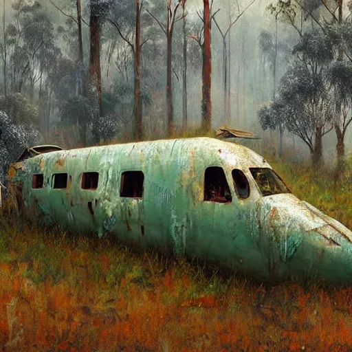 Prompt: hyper realistic painting of an australian landscape an abandoned rusted cesna plane covered with moss. by _ simonstalenhag