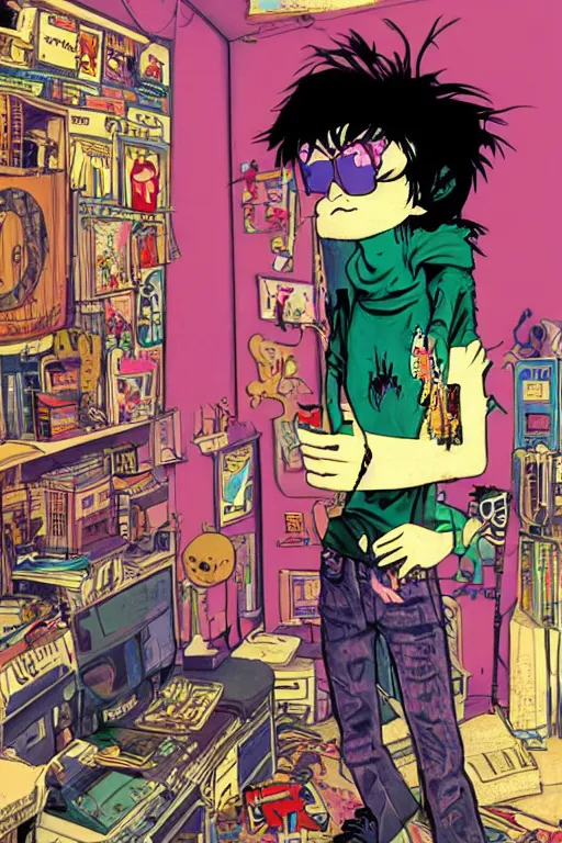 Prompt: a skinny goth guy standing in a cluttered 9 0 s bedroom by jamie hewlett, jamie hewlett art, full body character concept art, vaporwave colors, digital painting, hd, ultra hd, detailed, award winning,