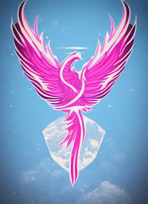 Prompt: white phoenix on salt crystals simple background simplified design geometric graphic design flying phoenix in the deep bluish grey slight pink pight clouds thick