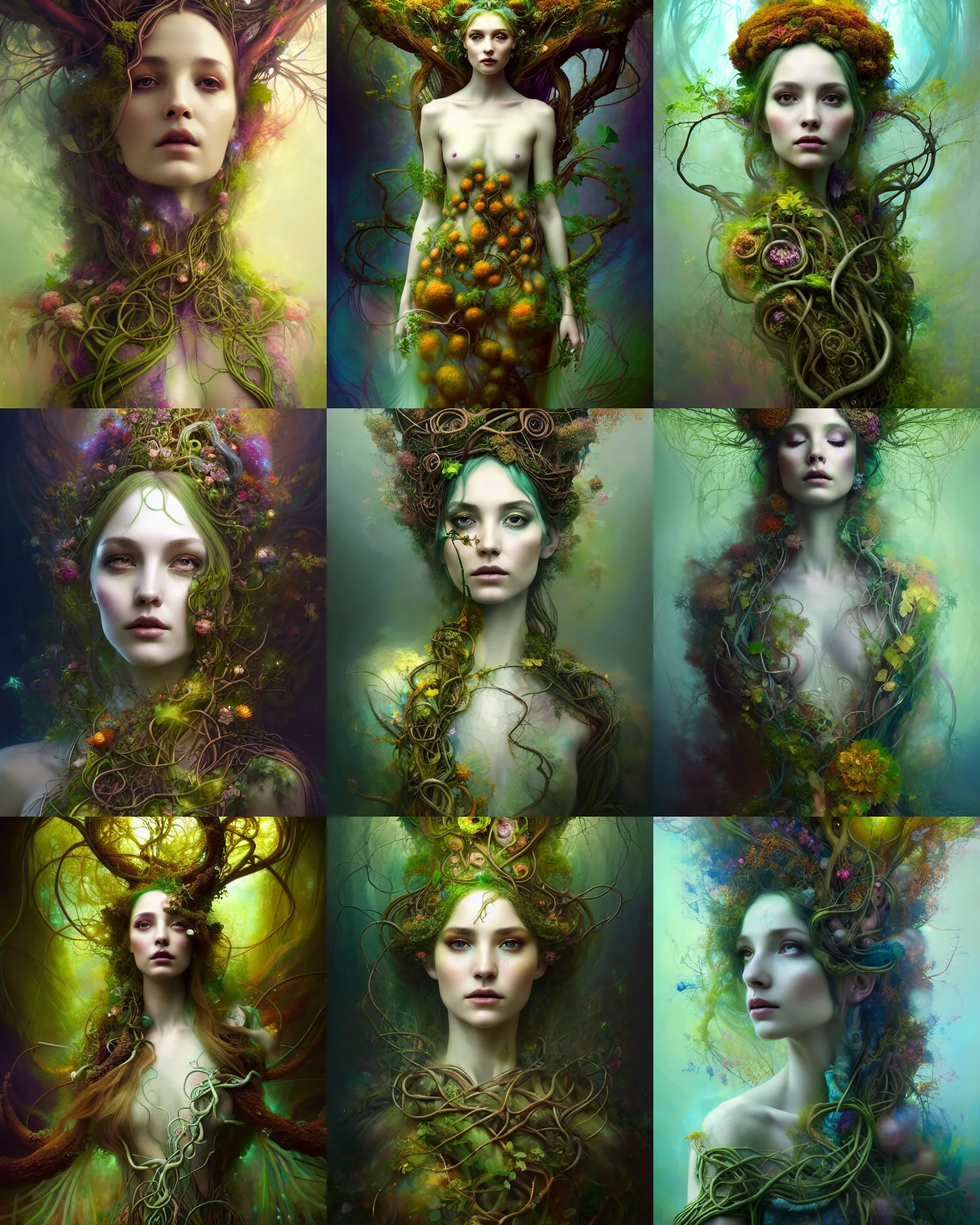 Image similar to Full View Portrait Mystical ethereal roots and vines deity wearing beautiful dress, roots and vines Dryad, 4k digital masterpiece by Anna dittman and Ruan Jia and Alberto Seveso, fantasycore, Hyperdetailed, realistic oil on linen, soft lighting, marigold background, featured on Artstation