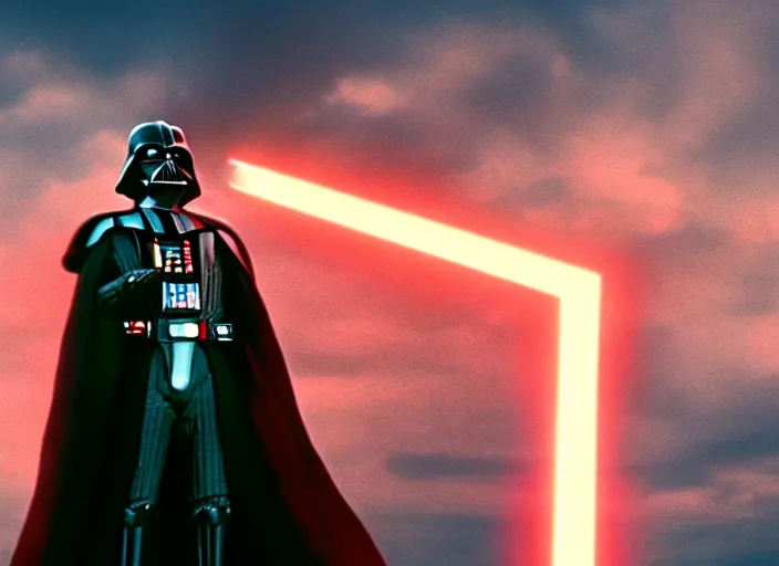 Prompt: film still of Darth Vader jumping up in joy over his great success in the new Star Wars movie, 4k