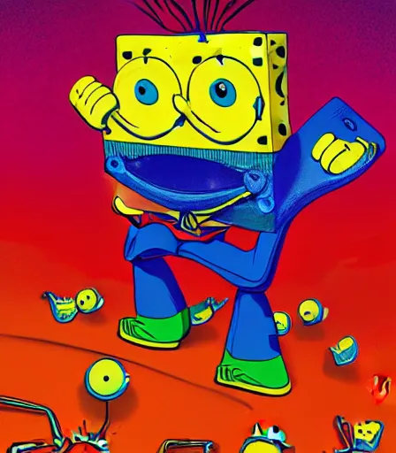 Image similar to Tim Burtons style Spongebob by Alex Pardee and Nekro and Petros Afshar, and James McDermott,unstirred paint, vivid color, cgsociety 4K