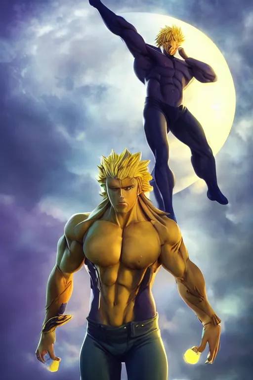 Dio Brando posing dramatically with a full moon behind