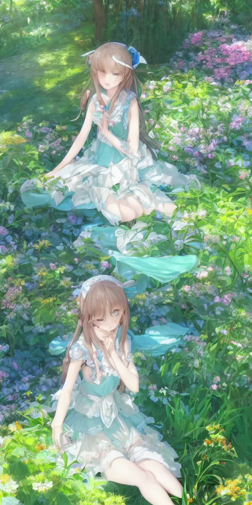 Image similar to a digital art of a loli with long hair in a dress in the privet garden at after noon, green and blue and warm theme, back lighting, highly detailed, 4 k resolution, trending on art station, elegant, depressed, by krenz cushart and mucha and akihito yoshida and greg rutkowski and makoto shinkai