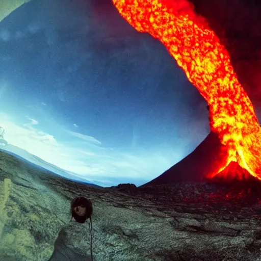 Prompt: Frodo taking a selfie after destroying the one ring inside Mount Doom. Fiery lava is flying through the air on both sides. photograph, go pro, fire , lava, self portrait.