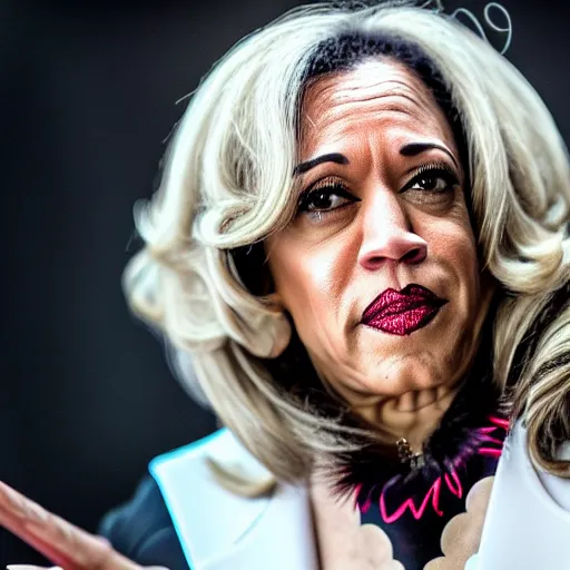 Image similar to disney cruella devilla being acted by kamala harris, 8 k, professional photography, cinematic shot, dark, smoke