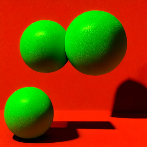 Image similar to a 3 d render of a stack of green cubes on the left and an orange ball on the right in a red room, blender, ue 5, octane render, trending on artstation