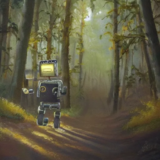 Image similar to a beautfiul painting of a robot running througj a forest,8k