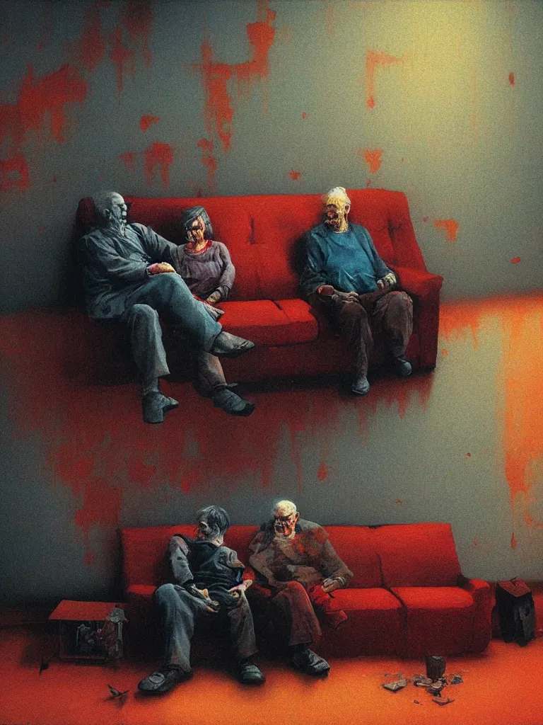 Prompt: photo of a very old couple sitting on a couch, psx game graphics , Beksinski painting, part by Adrian Ghenie