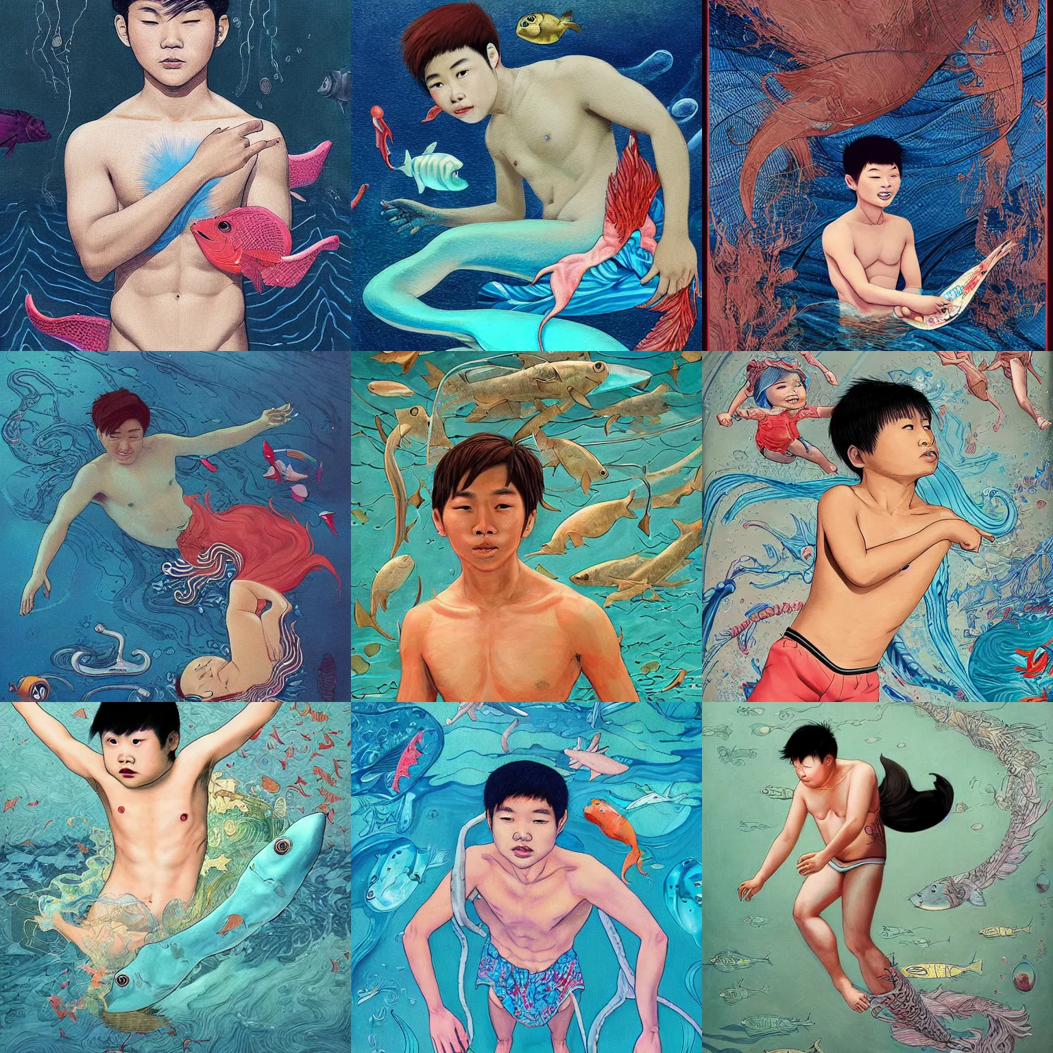 Prompt: an asian kid named brian but as a merman because he loves to swim but has a nursing degree, an ultrafine detailed painting by james jean, behance contest winner, vanitas, angular, altermodern