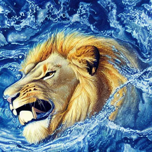 Prompt: a male lion's face breaching through a wall of water, water sprites, splashing, deep blue water color, highly detailed