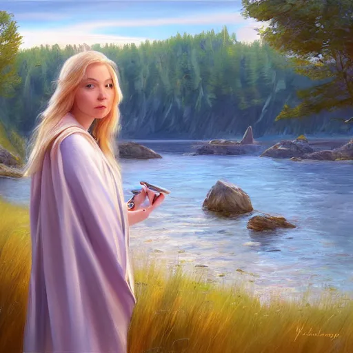 Image similar to blonde female jedi, Swedish countryside, landscape view, archipelago, painting by Vladimir Volegov, wlop, artstation