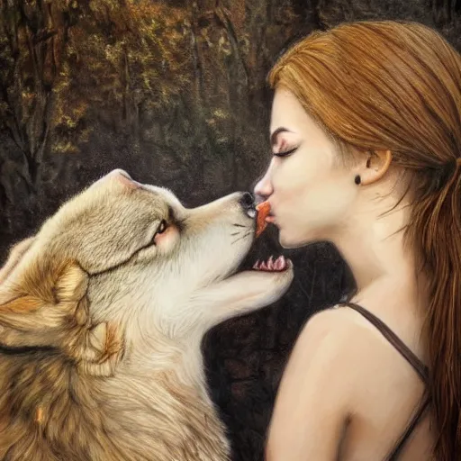 Image similar to two wolf girls kissing, detailed, realistic