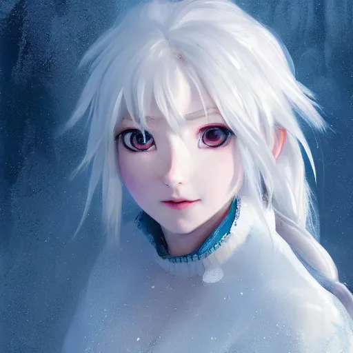 Image similar to white-haired anime girl frozen in an ice floe, intricate, highly detailed, smooth, close-up, artstation, digital illustration by Ruan Jia