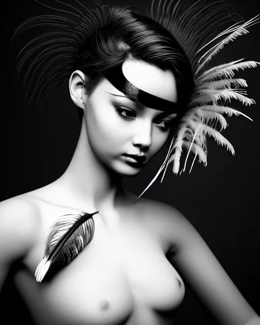Image similar to surreal mythical dreamy dark artistic black and white fine art photo of a young delicate female - orchid - bird - cyborg bust with feather hair, rim light, cinematic, studio dramatic light, poetic, octane render, 8 k, photo - realistic