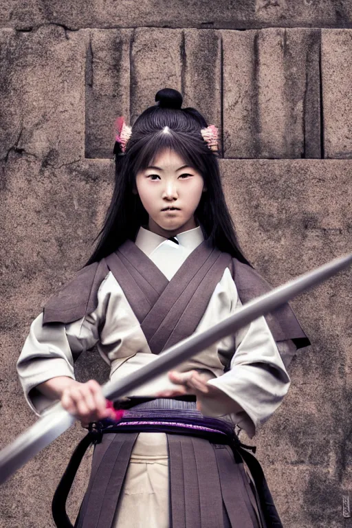 Image similar to highly detailed beautiful photo of a young female samurai, practising sword stances in a ancient temple, symmetrical face, beautiful eyes, realistic anime art style, 8 k, award winning photo, pastels, action photography, 1 / 1 2 5 shutter speed, dramatic lighting