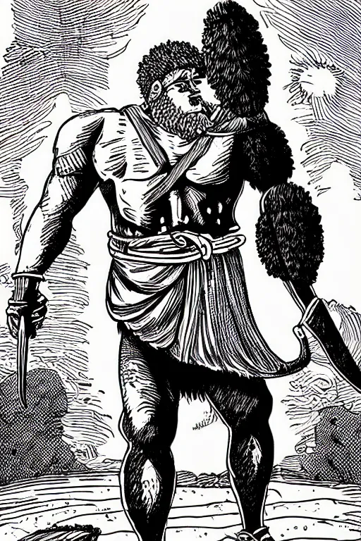 Image similar to ancient historically accurate depiction of the Bible Character Goliath of Gath, the Philistine warrior giant by mcbess