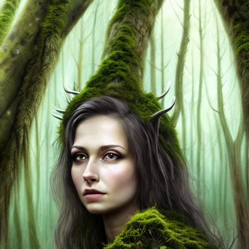 Image similar to a gorgeous wild woman that has deer antlers, deep forest background, matte oil painting, dnd art, fantasy, trees, terrain, moss, lichen, stunning, beautiful, feral, clear, crisp, sharp, award - winning, portrait, extremely detailed