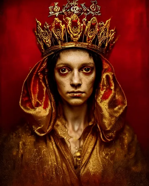 Image similar to 'Portrait of Crowned King Arthur' by Lee Jeffries royally decorated, whirling plasma, atmospheric motes, red and gold Sumptuous garb, gilt silk fabric, radiant colors, fantasy, perfect lighting, studio lit, micro details,