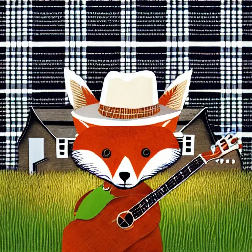 Image similar to a female fluffy anthropomorphic fox animal, head of fox, wearing cowboy hat, wearing plaid shirt, playing guitar, in a field, barn in background, album cover style