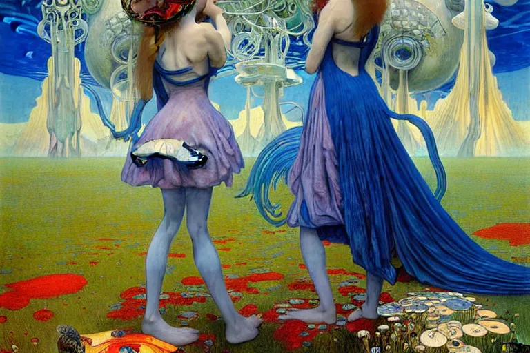 Image similar to realistic extremely detailed portrait painting of an alice in wonderland, futuristic sci-fi landscape on background by Jean Delville, Amano, Yves Tanguy, Ilya Repin, Alphonse Mucha, Ernst Haeckel, Edward Robert Hughes, Roger Dean, rich moody colours, blue eyes